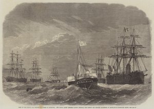 Walesin prinssin ja prinsessan vierailu Plymouthissa, kuninkaallinen Osborne-jahti, joka kulkee ranskalaisten ja englantilaisten Ironclads-lentueen läpi Plymouth Soundissa
